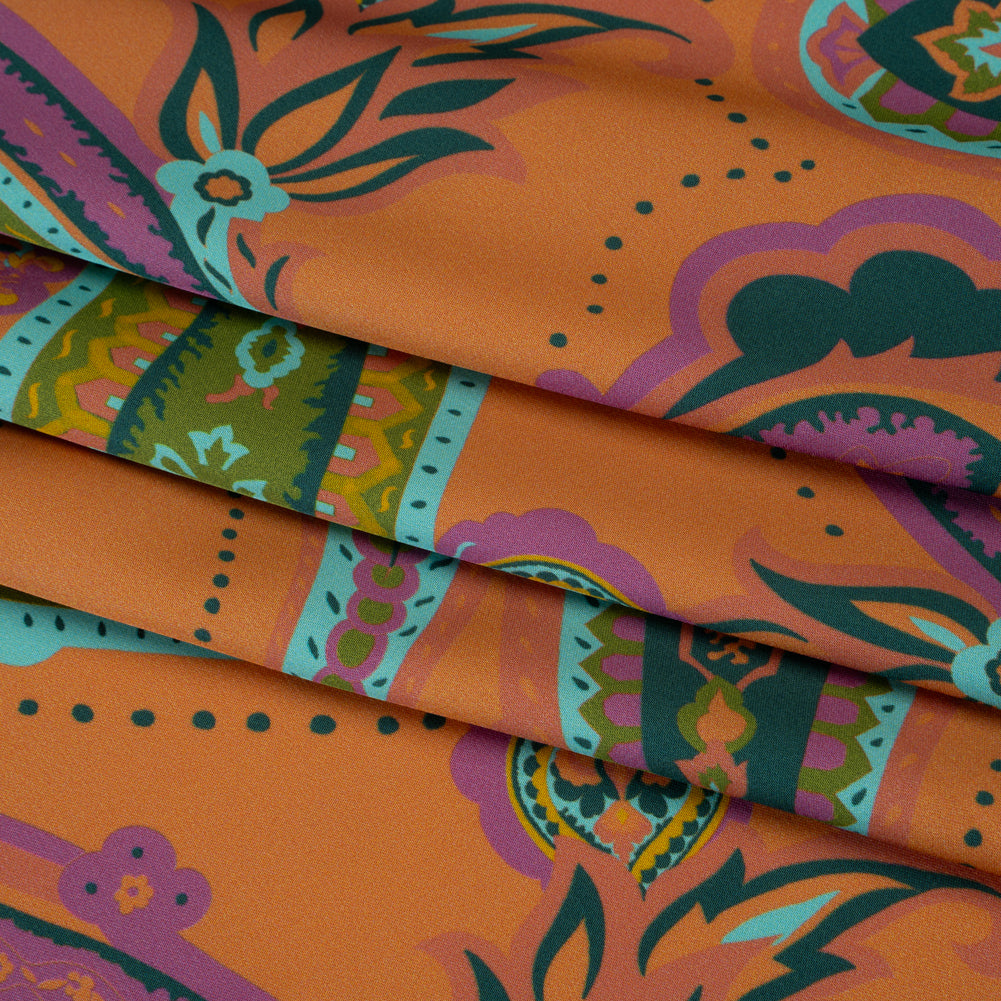 Polyester Satin - Pumpkin Orange, Jade Green and Purple Paisley - Mood Exclusive Swirling Sonata Print - Folded