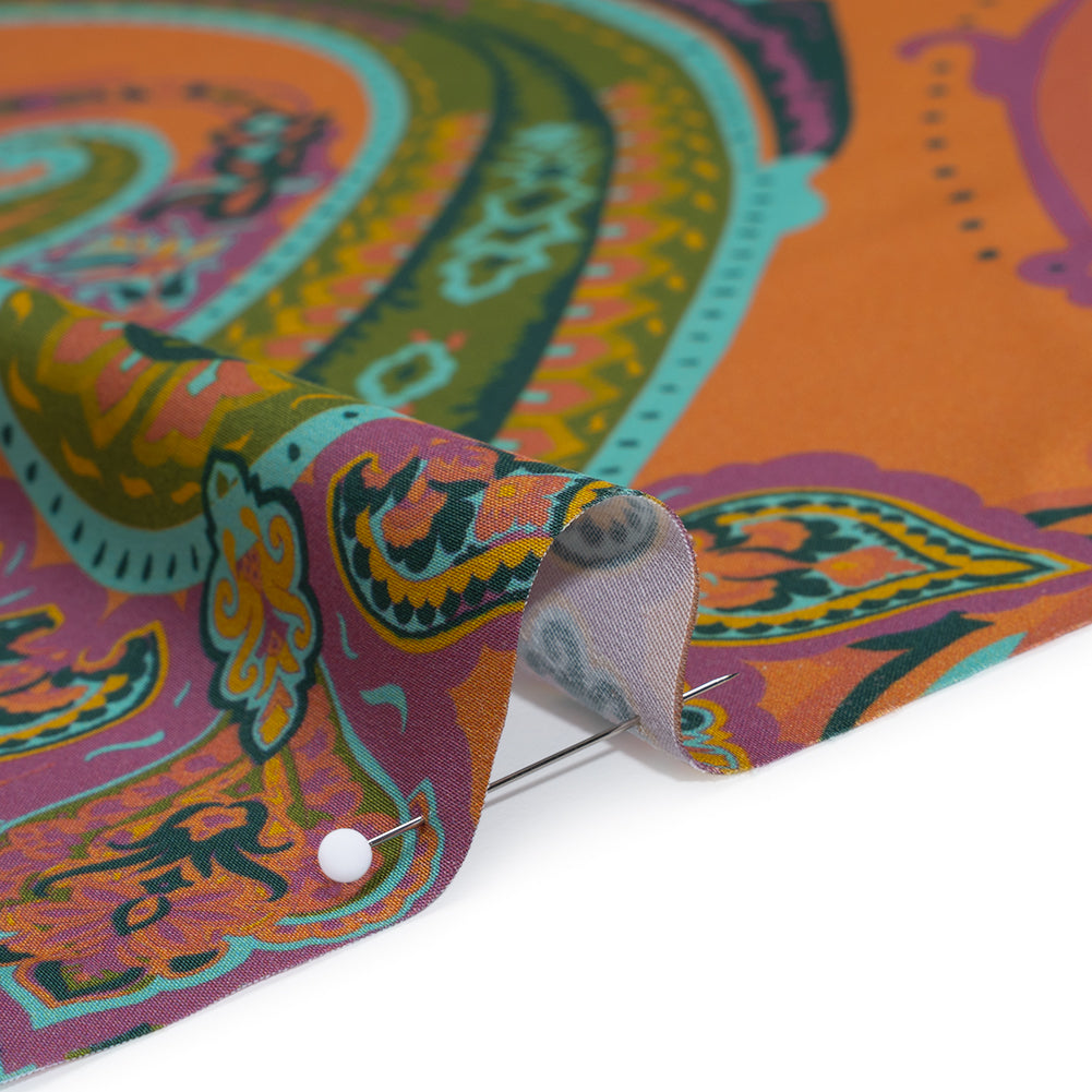 Polyester Satin - Pumpkin Orange, Jade Green and Purple Paisley - Mood Exclusive Swirling Sonata Print - Detail