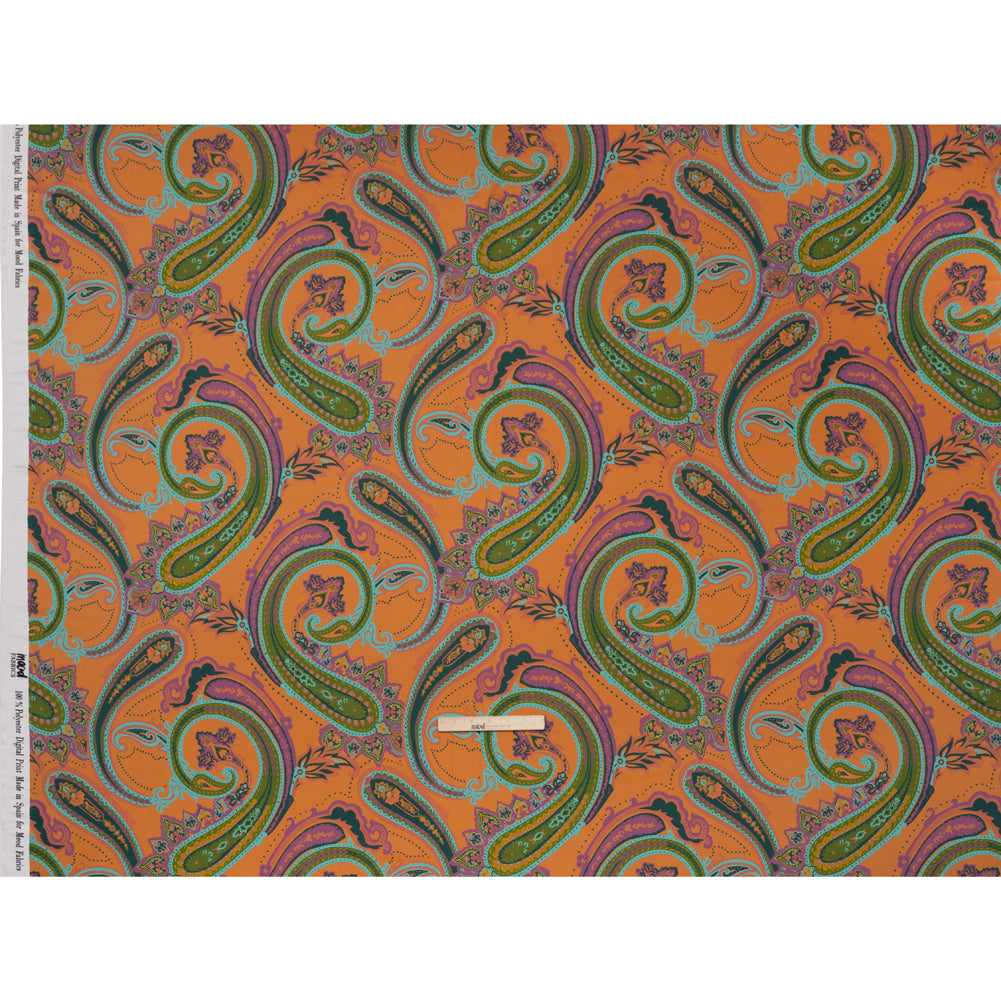 Polyester Satin - Pumpkin Orange, Jade Green and Purple Paisley - Mood Exclusive Swirling Sonata Print - Full