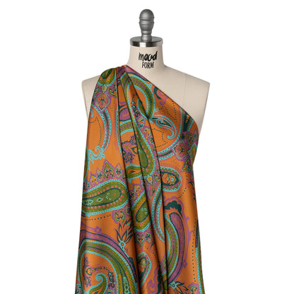 Polyester Satin - Pumpkin Orange, Jade Green and Purple Paisley - Mood Exclusive Swirling Sonata Print