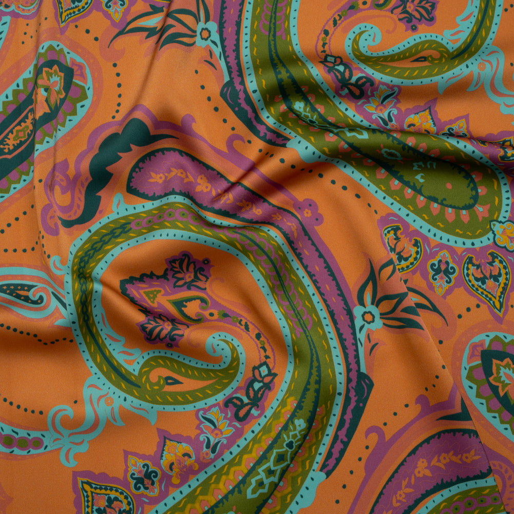 Polyester Satin - Pumpkin Orange, Jade Green and Purple Paisley - Mood Exclusive Swirling Sonata Print
