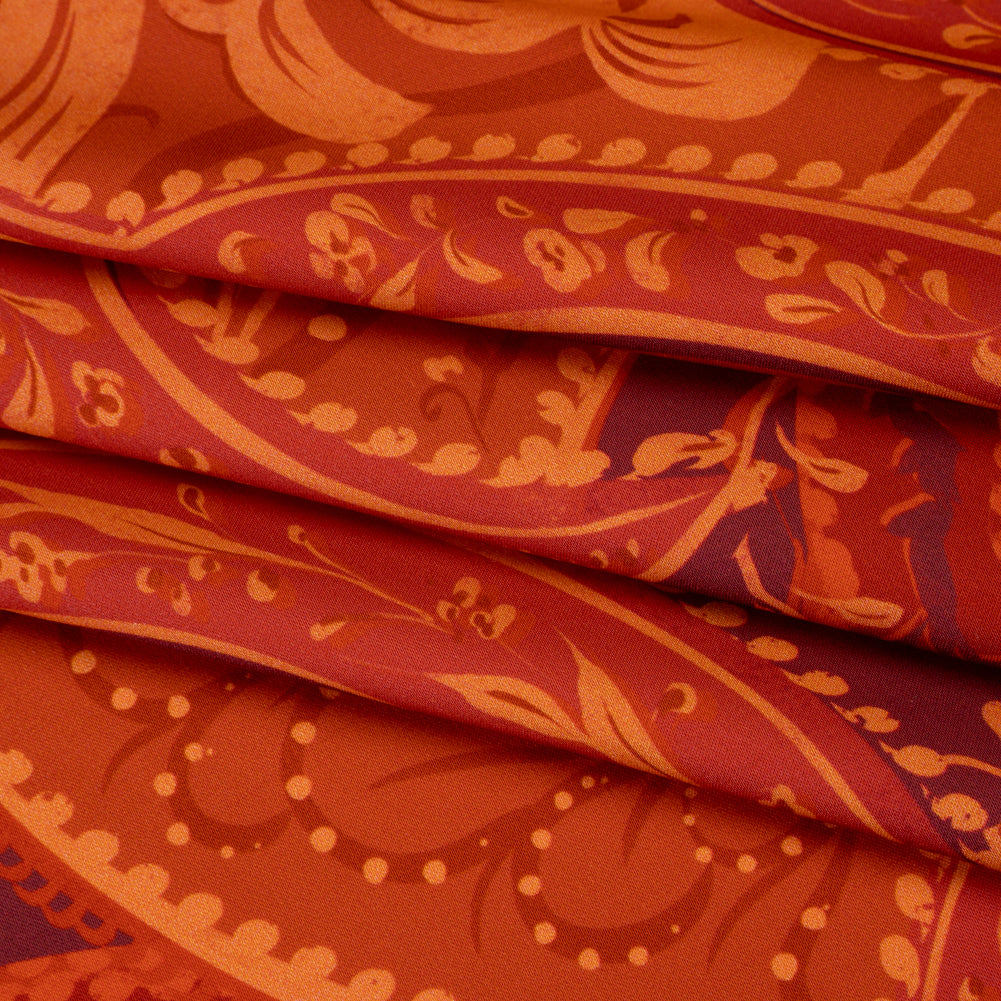 Polyester Satin - Burnt Orange, Dark Red and Peach Paisley Floral - Mood Exclusive Harvest Harmonies Print - Folded