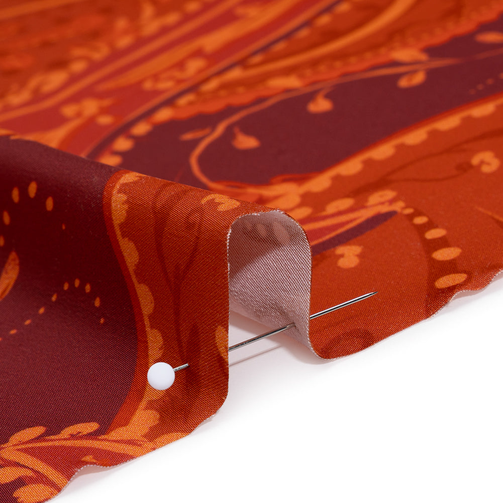 Polyester Satin - Burnt Orange, Dark Red and Peach Paisley Floral - Mood Exclusive Harvest Harmonies Print - Detail