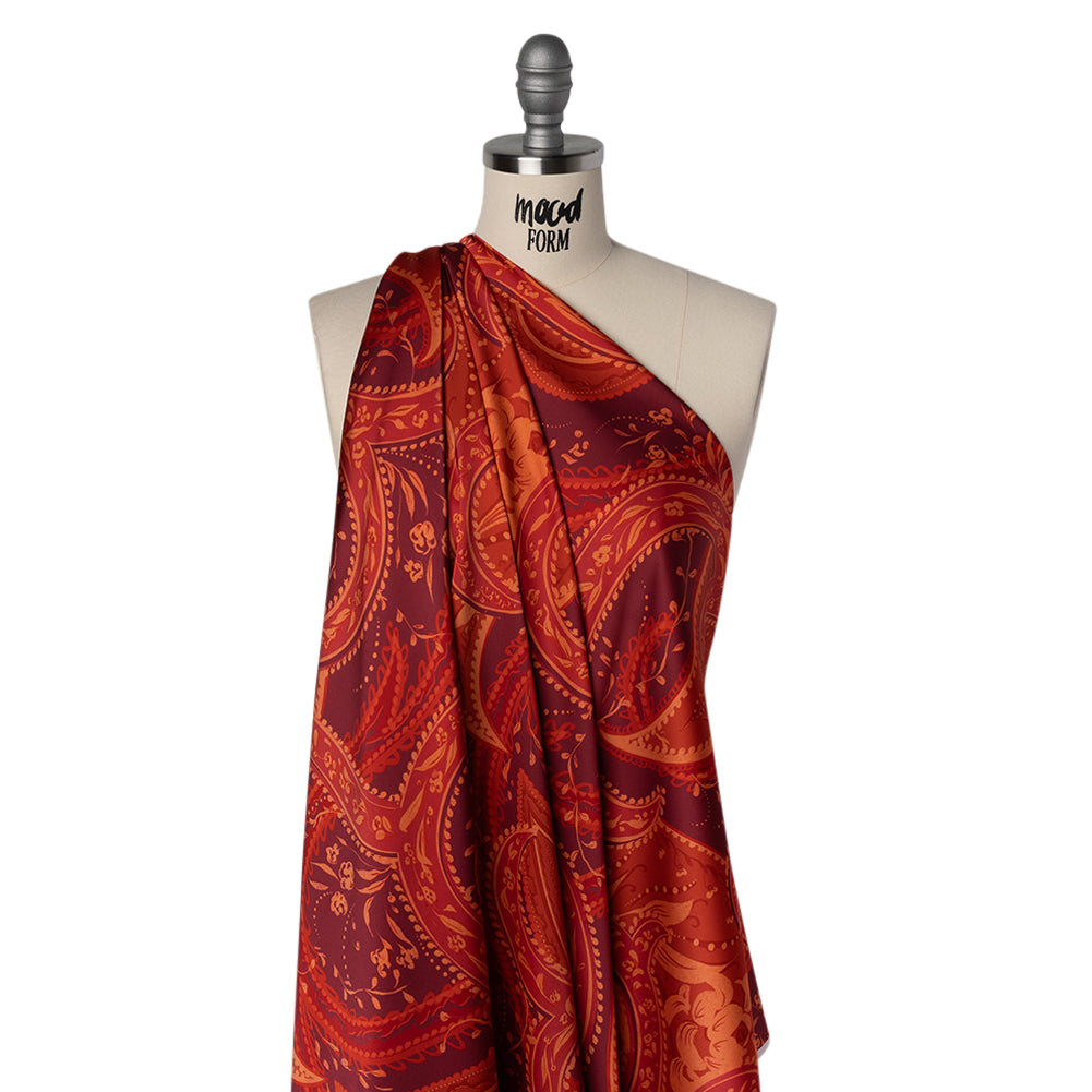 Polyester Satin - Burnt Orange, Dark Red and Peach Paisley Floral - Mood Exclusive Harvest Harmonies Print - Drape