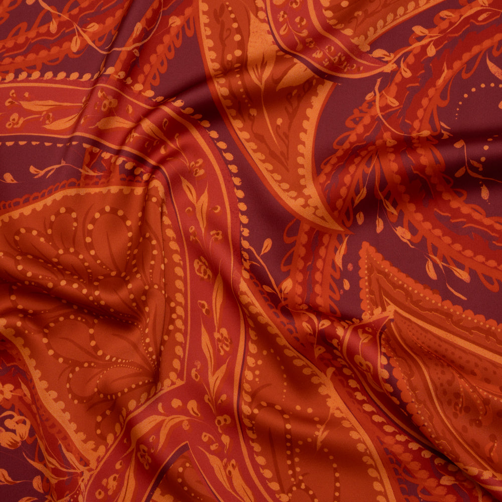 Polyester Satin - Burnt Orange, Dark Red and Peach Paisley Floral - Mood Exclusive Harvest Harmonies Print