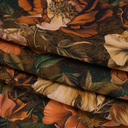 Linen and Rayon Woven - Orange, Dark Green and Brown Lush Floral - Mood Exclusive Camouflora Print