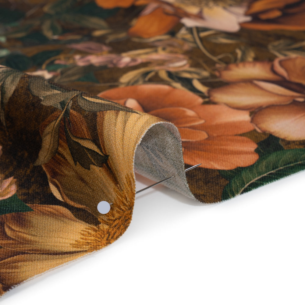 Linen and Rayon Woven - Orange, Dark Green and Brown Lush Floral - Mood Exclusive Camouflora Print - Detail