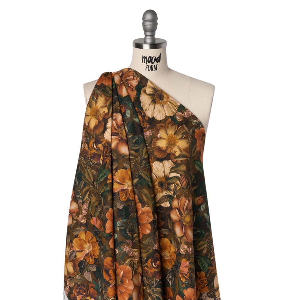 Linen and Rayon Woven - Orange, Dark Green and Brown Lush Floral - Mood Exclusive Camouflora Print - Drape
