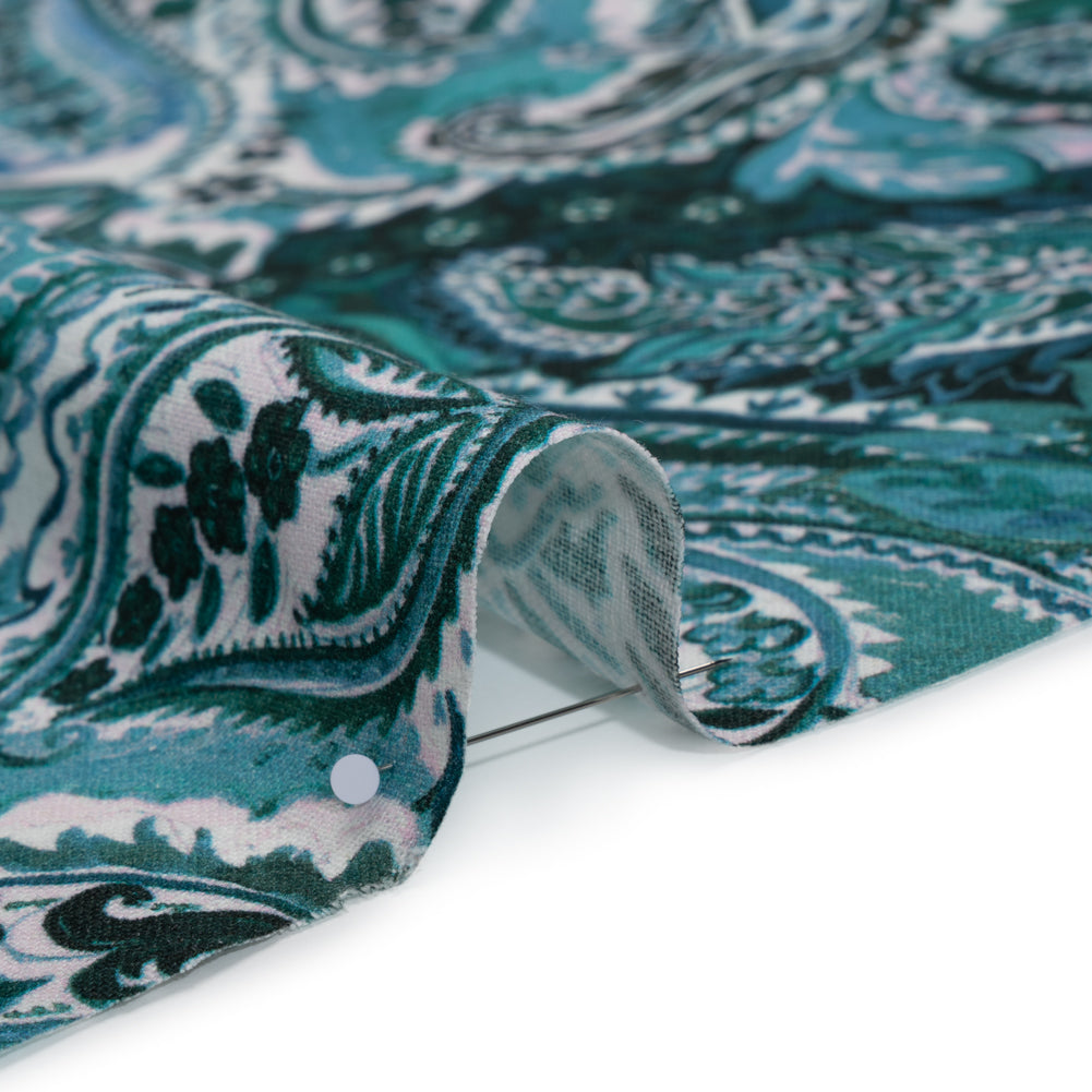 Linen and Rayon Woven - Blue, Green and Teal Paisley - Mood Exclusive Drifting Dream Print - Detail
