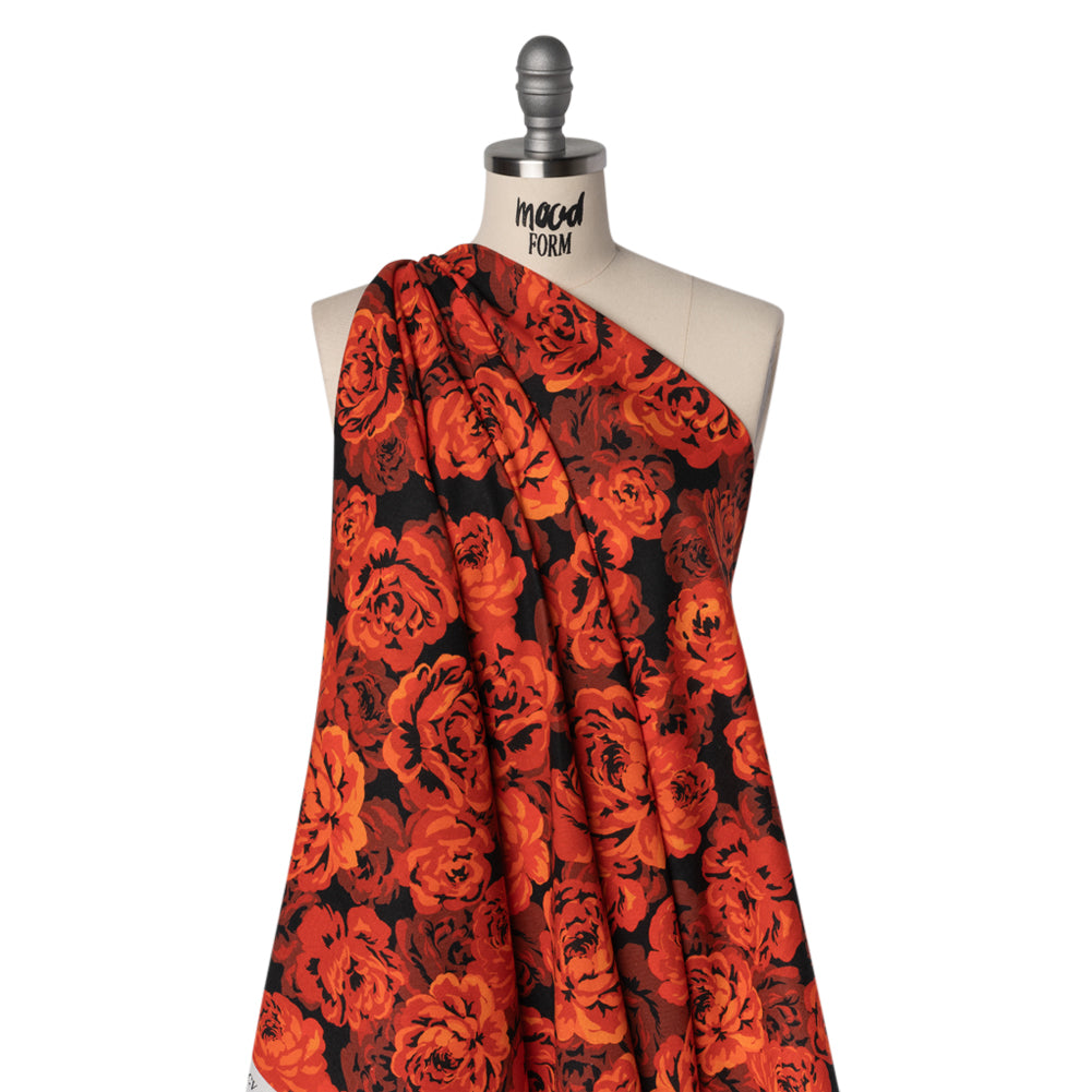 Linen and Rayon Woven - Scarlet Red, Burgundy and Black Roses - Mood Exclusive Midnight Muse Print - Drape