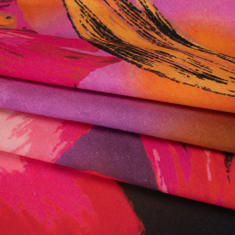 Linen and Rayon Woven - Magenta, Scarlet and Brown Big Painterly Flowers - Mood Exclusive Poppy Panorama Print - Folded