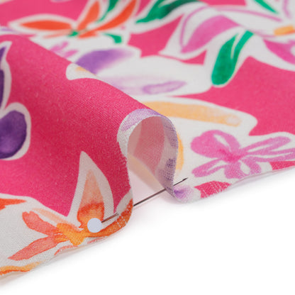 Linen and Rayon Woven - Hot Pink, Purple and Orange Flower Sketches - Mood Exclusive Penpal Petals Print