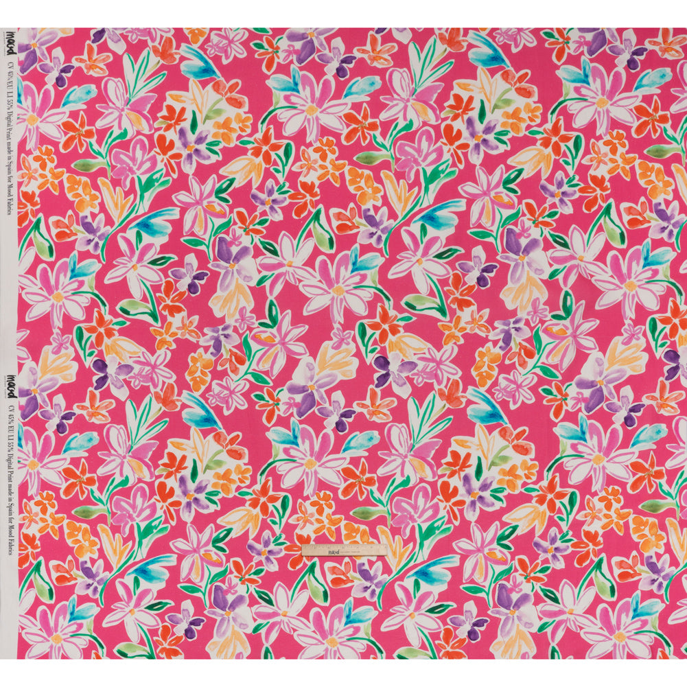 Linen and Rayon Woven - Hot Pink, Purple and Orange Flower Sketches - Mood Exclusive Penpal Petals Print - Full