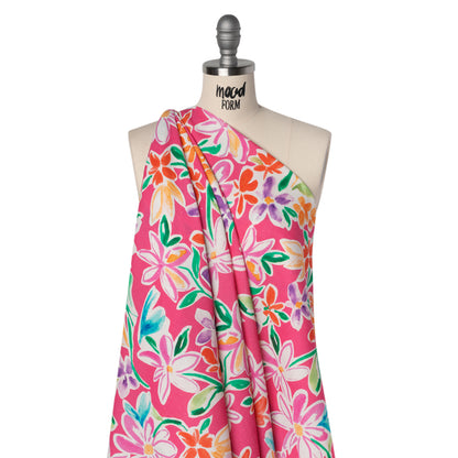 Linen and Rayon Woven - Hot Pink, Purple and Orange Flower Sketches - Mood Exclusive Penpal Petals Print