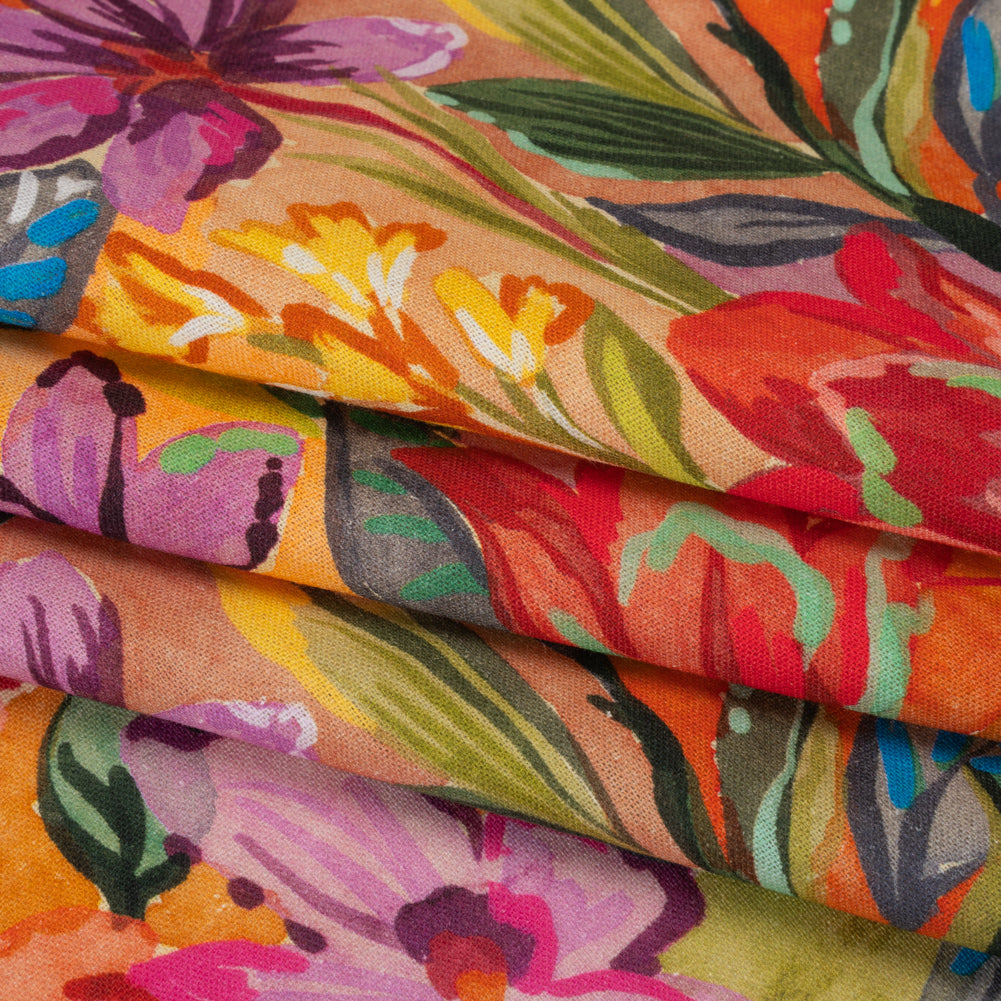 Linen and Rayon Woven - Purple, Orange and Green Painterly Flower Jungle - Mood Exclusive Jungle Jubilee Print Folded