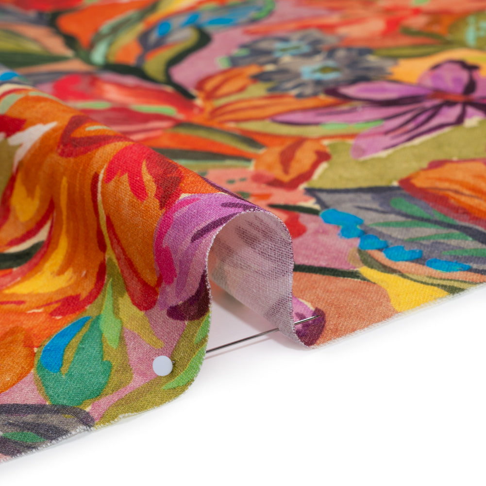 Linen and Rayon Woven - Purple, Orange and Green Painterly Flower Jungle - Mood Exclusive Jungle Jubilee Print Detail