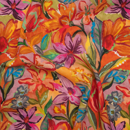 Linen and Rayon Woven - Purple, Orange and Green Painterly Flower Jungle - Mood Exclusive Jungle Jubilee Print