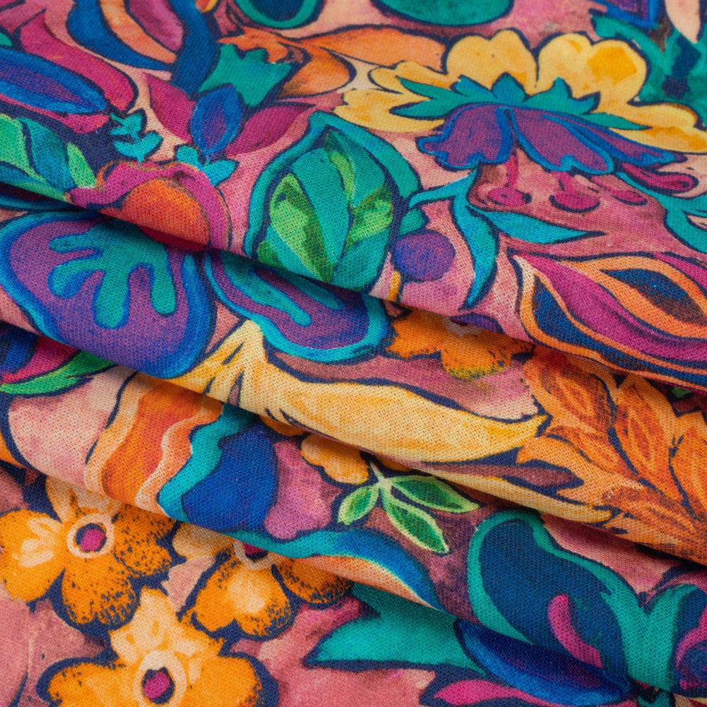 Linen and Rayon Woven - Hot Pink, Orange and Ultramarine Blue Bold Flowers - Mood Exclusive Electric Eden Print - Folded