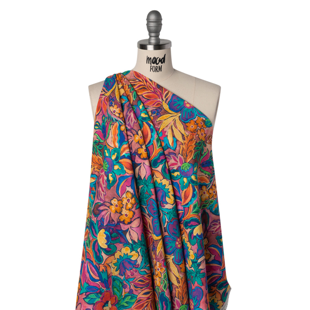 Linen and Rayon Woven - Hot Pink, Orange and Ultramarine Blue Bold Flowers - Mood Exclusive Electric Eden Print - Drape