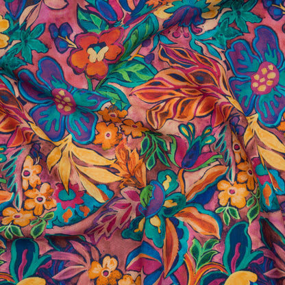 Linen and Rayon Woven - Hot Pink, Orange and Ultramarine Blue Bold Flowers - Mood Exclusive Electric Eden Print