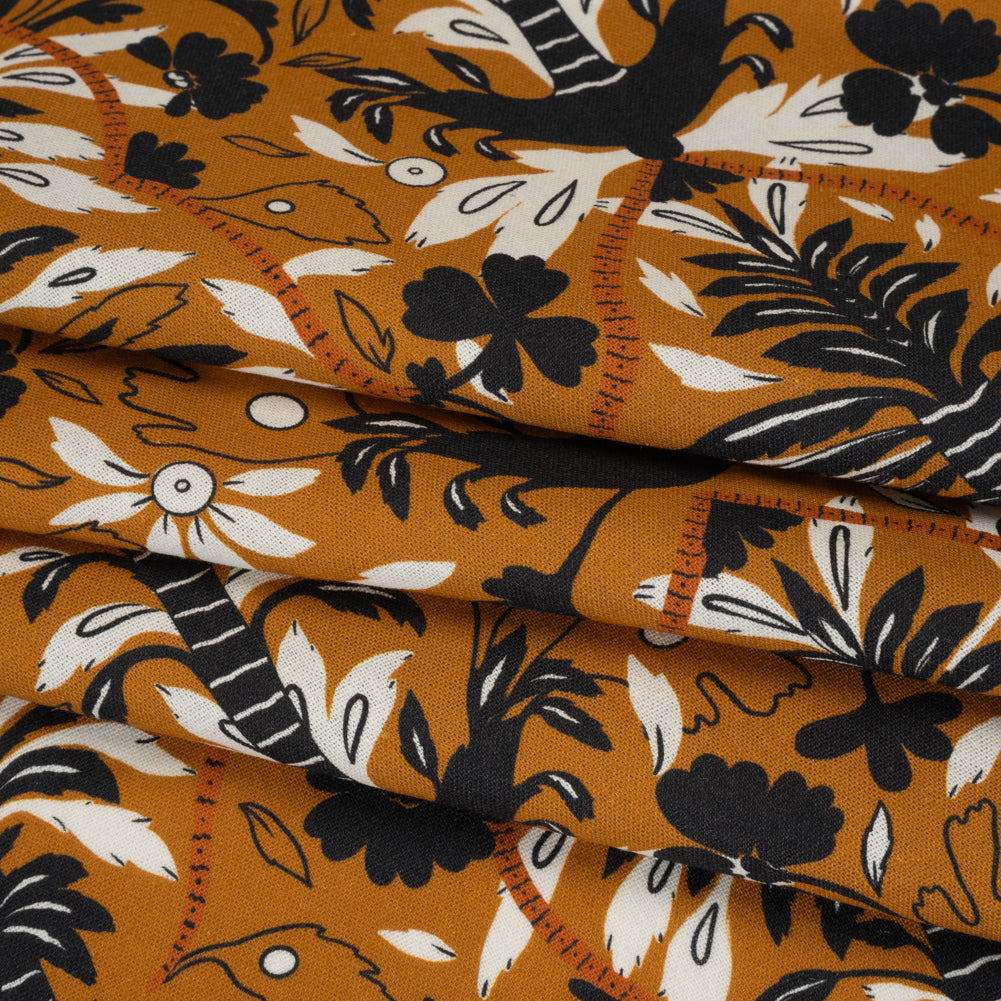 Linen and Rayon Woven - Burnt Orange, Black and White Palm Tree Stripes - Mood Exclusive Palm Prestige Print - Folded