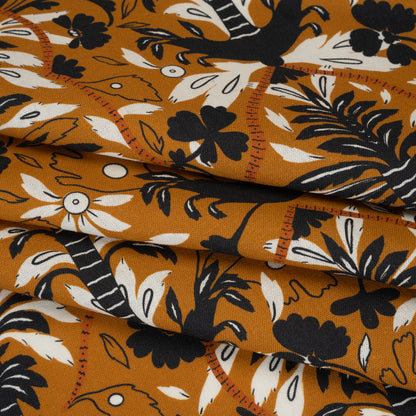 Linen and Rayon Woven - Burnt Orange, Black and White Palm Tree Stripes - Mood Exclusive Palm Prestige Print