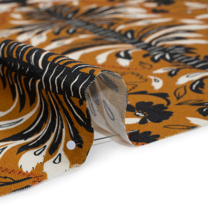 Linen and Rayon Woven - Burnt Orange, Black and White Palm Tree Stripes - Mood Exclusive Palm Prestige Print