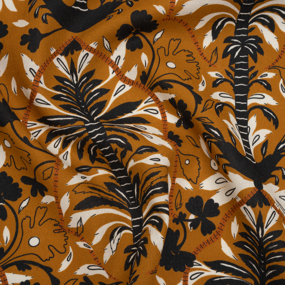 Linen and Rayon Woven - Burnt Orange, Black and White Palm Tree Stripes - Mood Exclusive Palm Prestige Print