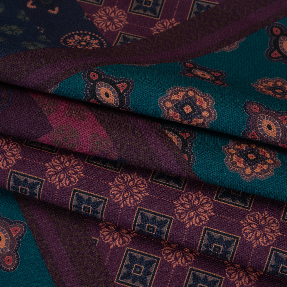 Linen and Rayon Woven - Teal, Navy and Plum Medallion Patchwork - Mood Exclusive Sultan’s Splendor Print - Folded