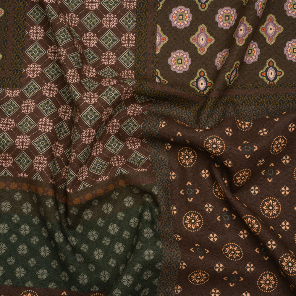 Linen and Rayon Woven - Brown, Dark Green and Olive Medallion Patchwork - Mood Exclusive Sultan’s Splendor Print