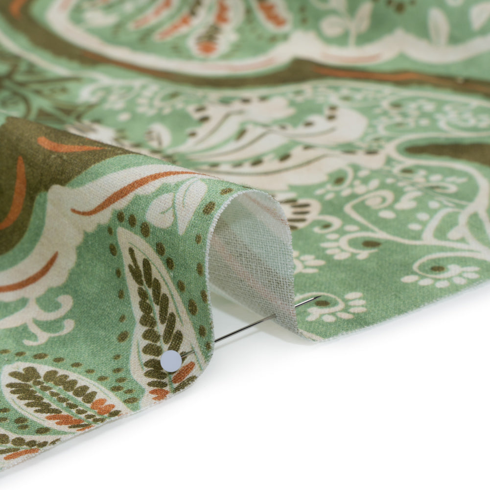 Linen and Rayon Woven - Seafoam, Olive and Burnt Orange Fanciful Palm Ogees - Mood Exclusive Frond Flow Print - Detail