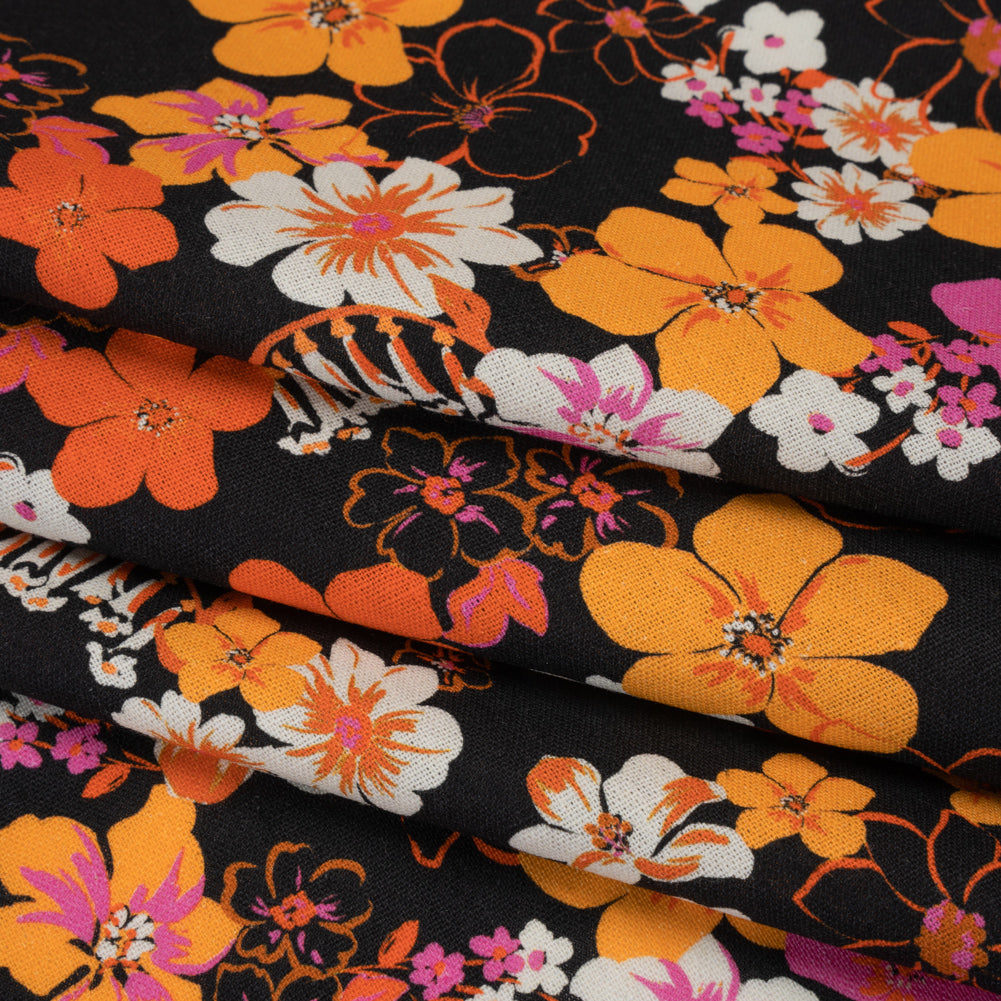 Linen and Rayon Woven - Orange, Hot Pink and Black Floral - Mood Exclusive Hot Tropic Print - Folded