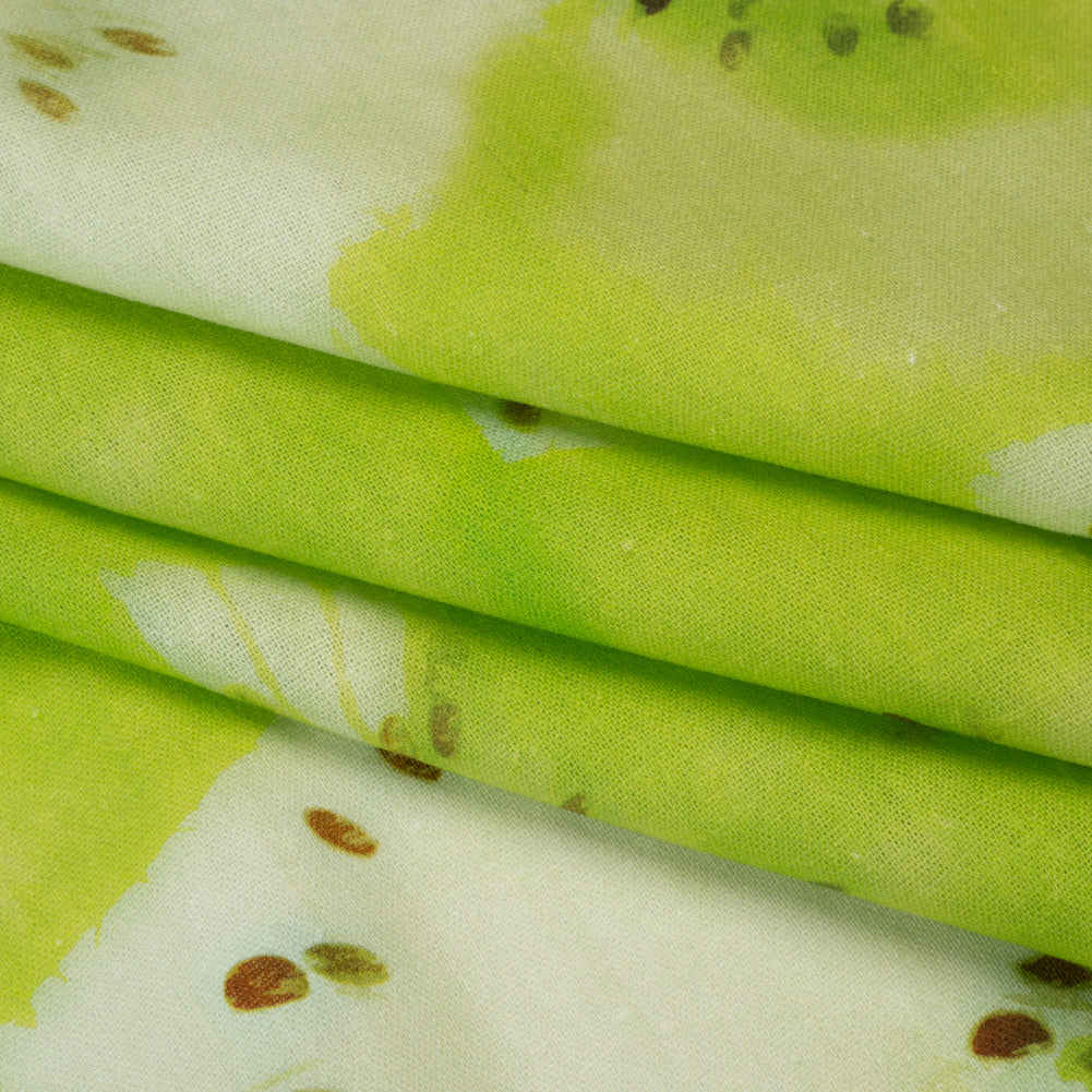 Linen and Rayon Woven - Lime Green and Brown Hazy Kiwi Fruits - Mood Exclusive Kiwi Crush Print - Folded