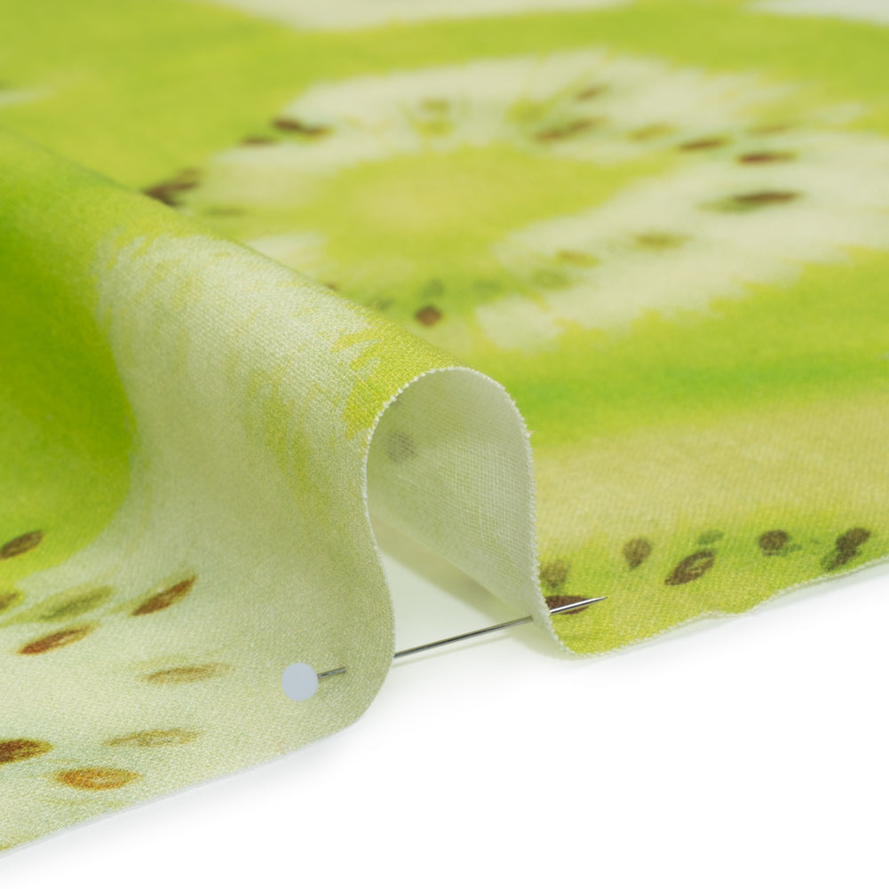 Linen and Rayon Woven - Lime Green and Brown Hazy Kiwi Fruits - Mood Exclusive Kiwi Crush Print - Detail