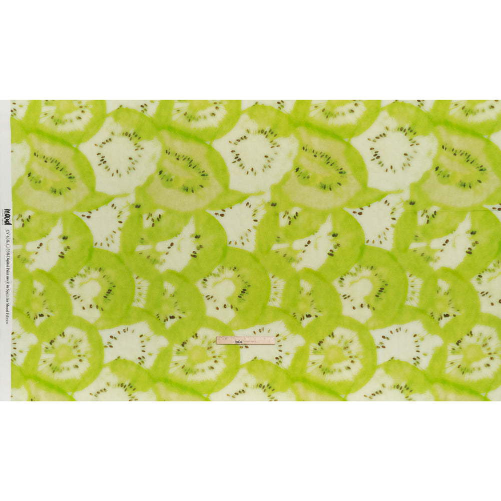 Linen and Rayon Woven - Lime Green and Brown Hazy Kiwi Fruits - Mood Exclusive Kiwi Crush Print - Full