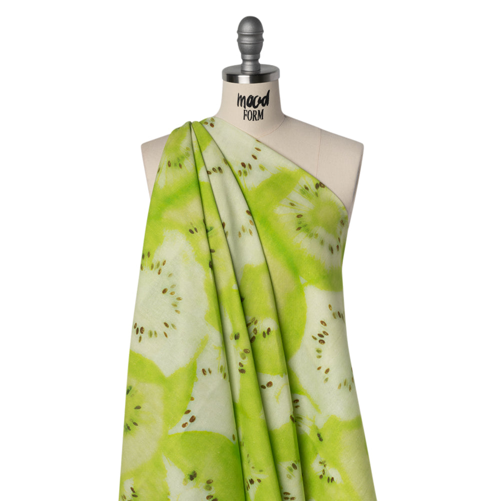 Linen and Rayon Woven - Lime Green and Brown Hazy Kiwi Fruits - Mood Exclusive Kiwi Crush Print - Drape