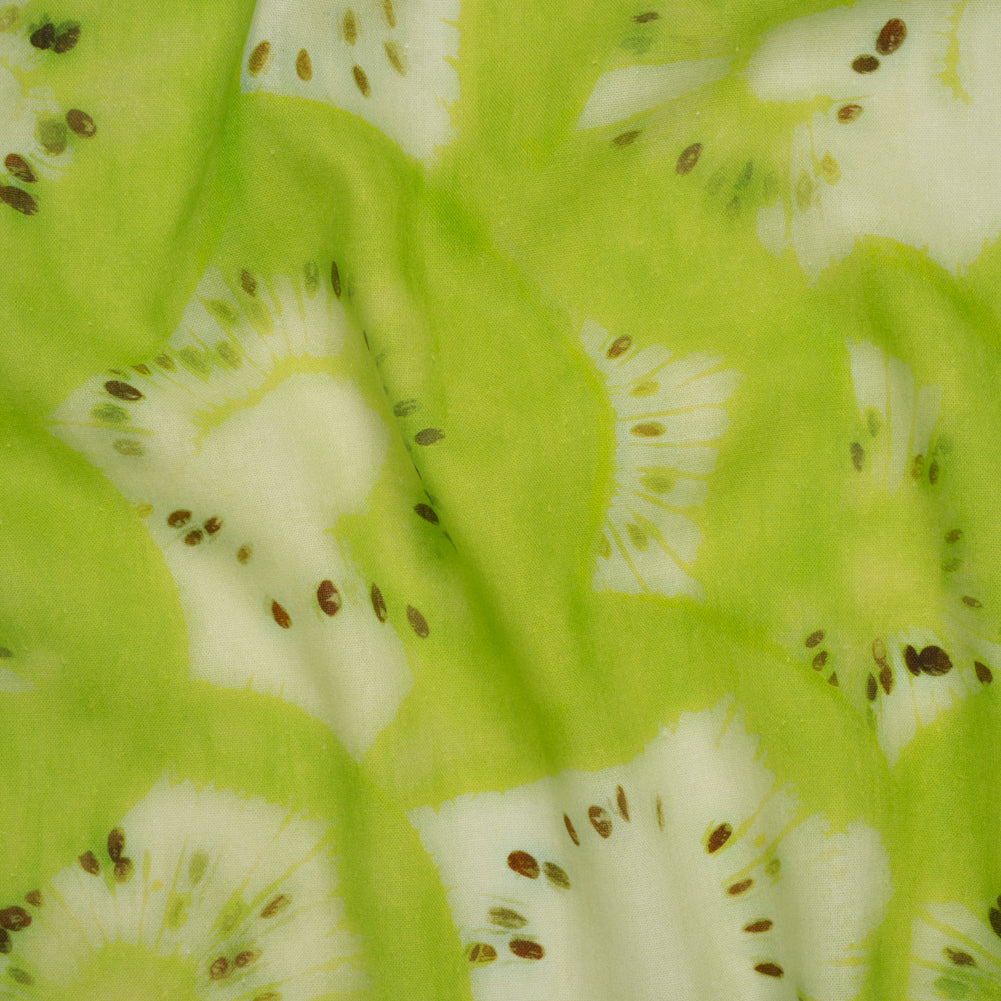 Linen and Rayon Woven - Lime Green and Brown Hazy Kiwi Fruits - Mood Exclusive Kiwi Crush Print