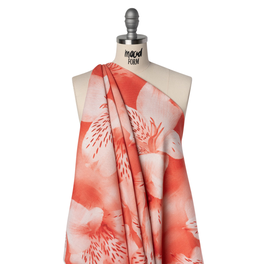 Linen and Rayon Woven - Coral Red and White Hazy Tiger Lilies Floral - Mood Exclusive Hazy Daze Print - Drape