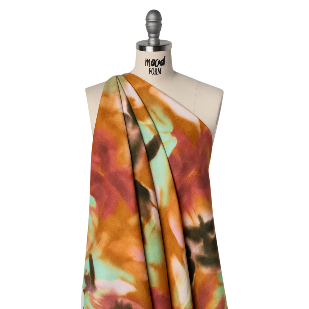 Linen and Rayon Woven - Burnt Orange, Seafoam Green and Wine Red Hazy Florals - Mood Exclusive Midsummer Mirage Print - Drape