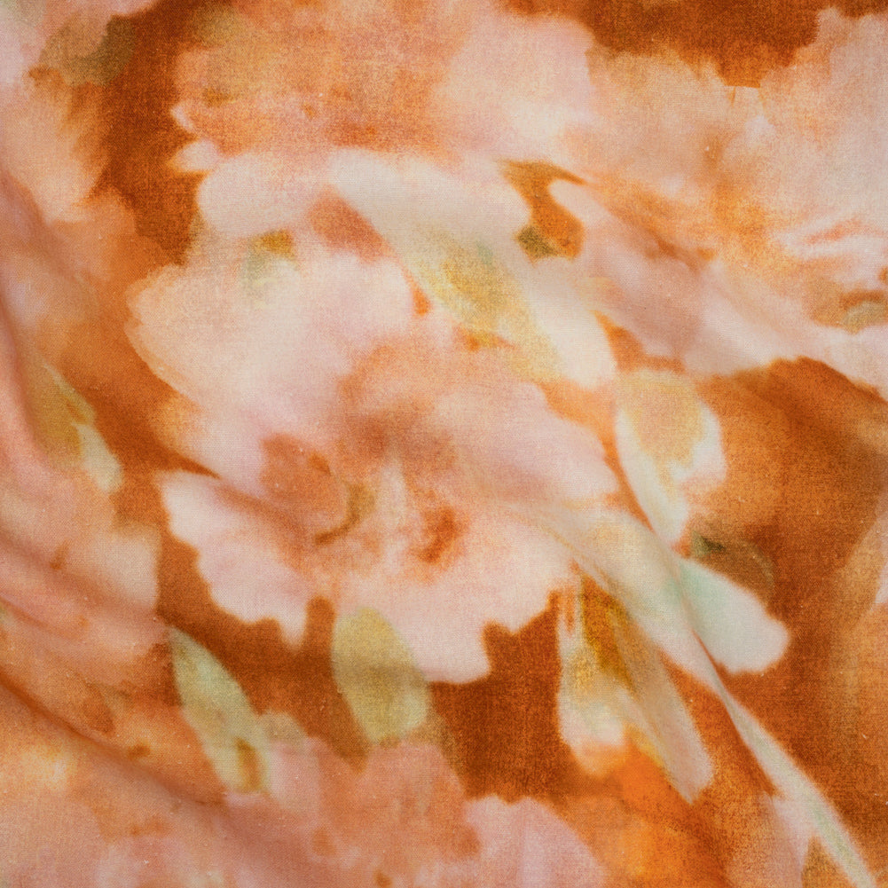 Linen and Rayon Woven - Burnt Orange, Peachy Pink and Soft Green Abstracted Soft Florals - Mood Exclusive Fairy Flare Print