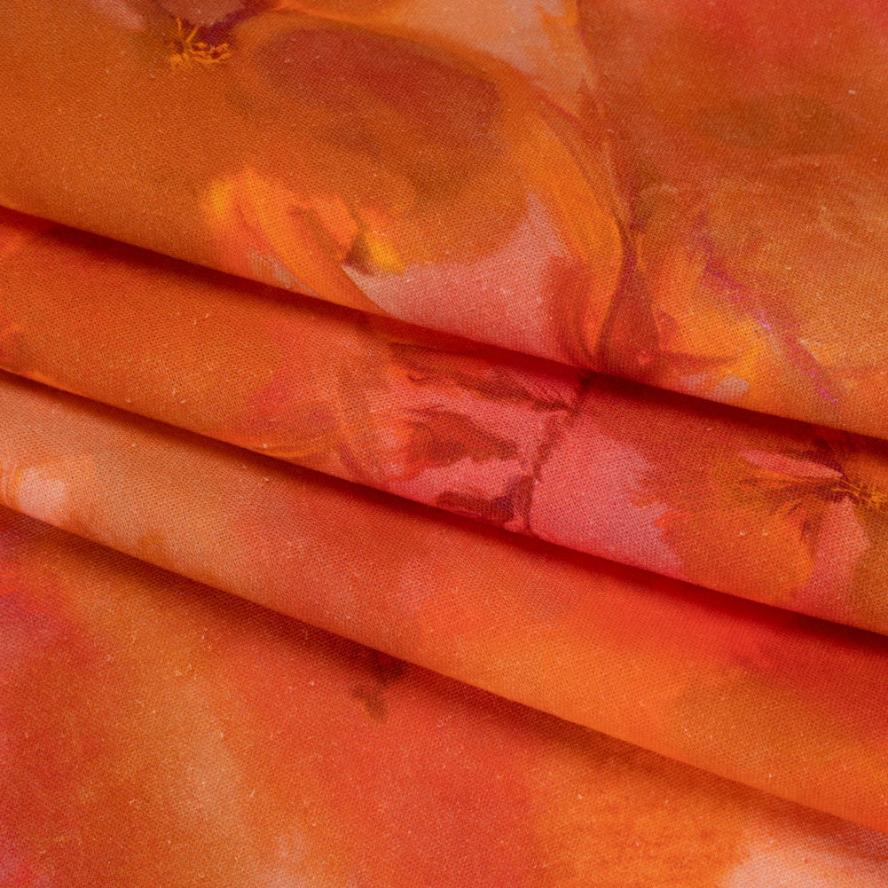 Linen and Rayon Woven - Orange, Red and Tan Muddled Pressed Flowers - Mood Exclusive Autumn Blaze Print - Folded