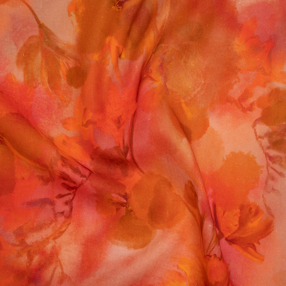 Linen and Rayon Woven - Orange, Red and Tan Muddled Pressed Flowers - Mood Exclusive Autumn Blaze Print