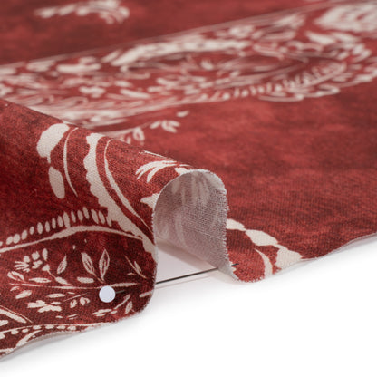 Linen and Rayon Woven - Dark Red and White Paisley and Frames - Mood Exclusive Arabesque Allure Print