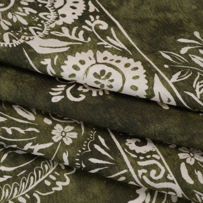 Linen and Rayon Woven - Forest Green and White Paisley and Frames - Mood Exclusive Arabesque Allure Print