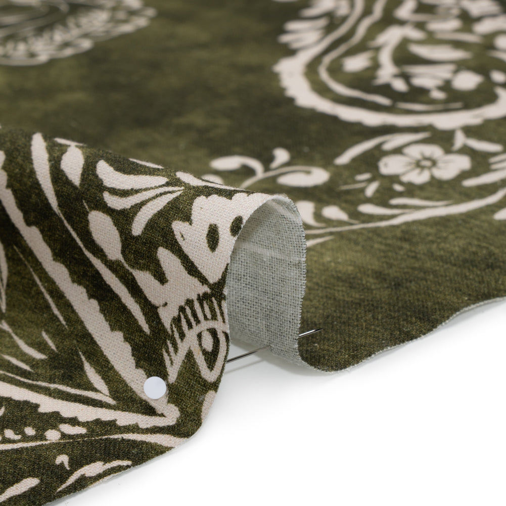 Linen and Rayon Woven - Forest Green and White Paisley and Frames - Mood Exclusive Arabesque Allure Print - Detail