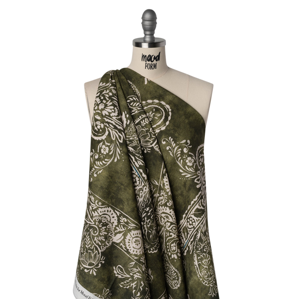 Linen and Rayon Woven - Forest Green and White Paisley and Frames - Mood Exclusive Arabesque Allure Print - Drape