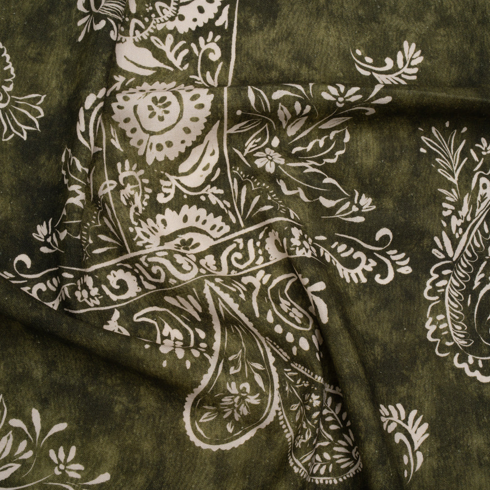 Linen and Rayon Woven - Forest Green and White Paisley and Frames - Mood Exclusive Arabesque Allure Print
