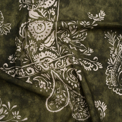 Linen and Rayon Woven - Forest Green and White Paisley and Frames - Mood Exclusive Arabesque Allure Print