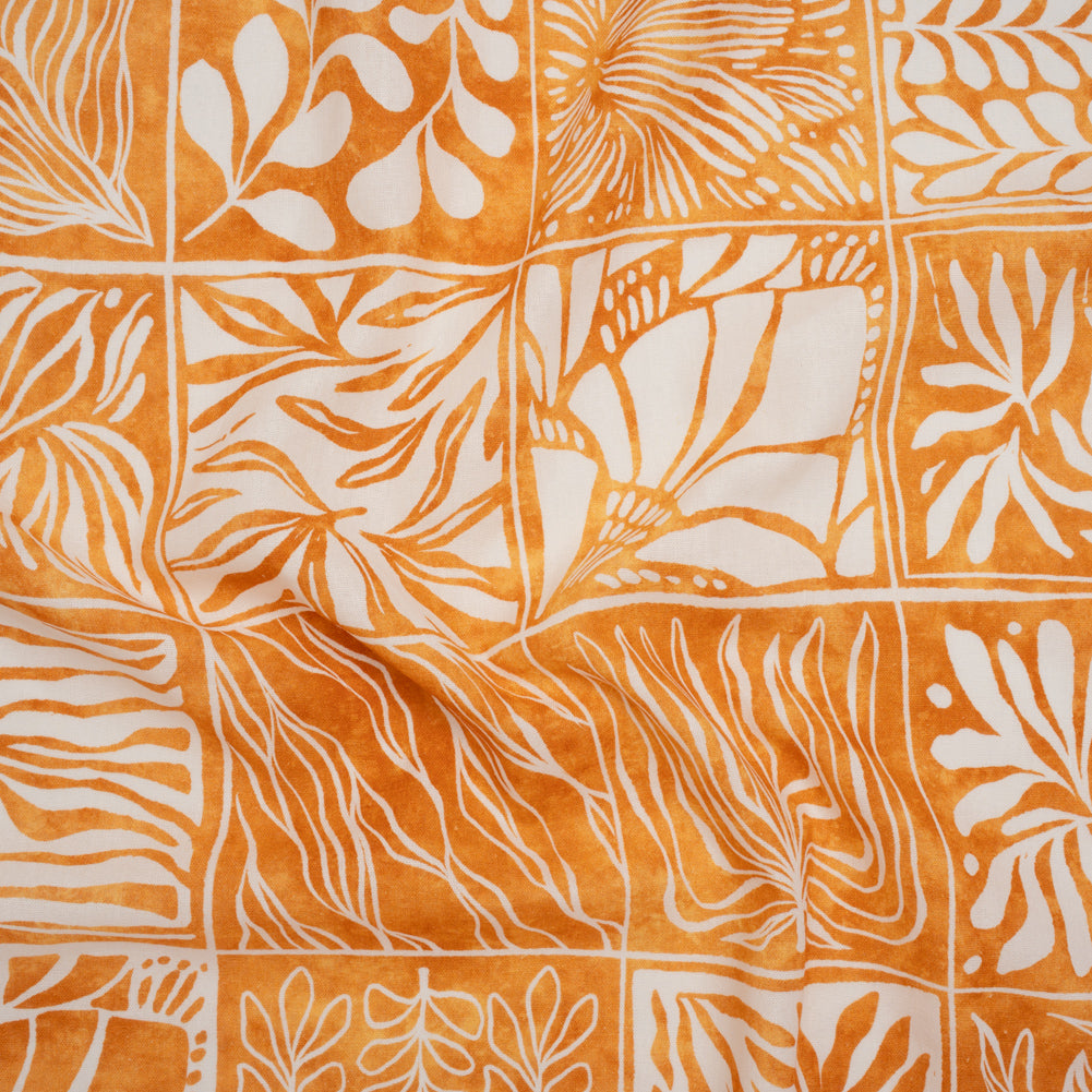 Linen and Rayon Woven - Yellow Ochre and White Leafy Blocks - Mood Exclusive Summer Solace Print