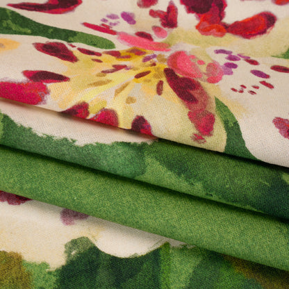 Linen and Rayon Woven - Green, Cream and Magenta Painterly Lilies - Mood Exclusive Petal Poesy Print Folded